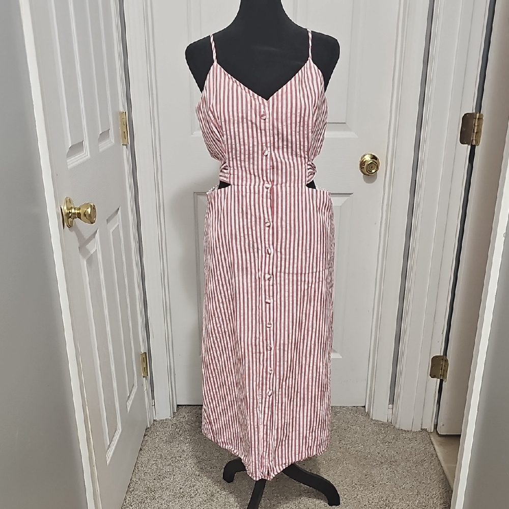 Striped‎ Red And White Button-Down Dress With Sidecut Outs